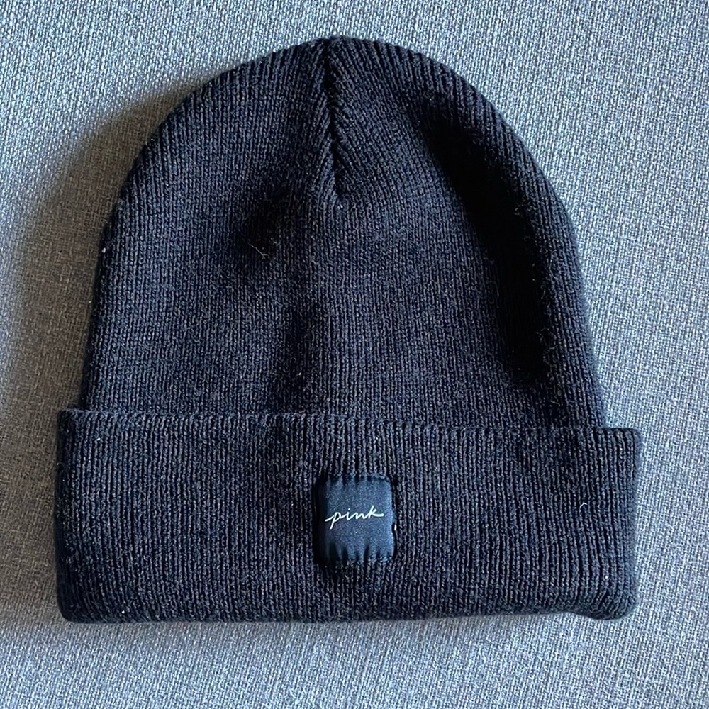 Pink Victoria Secret black Ribbed Beanie hat Pink in cursive font